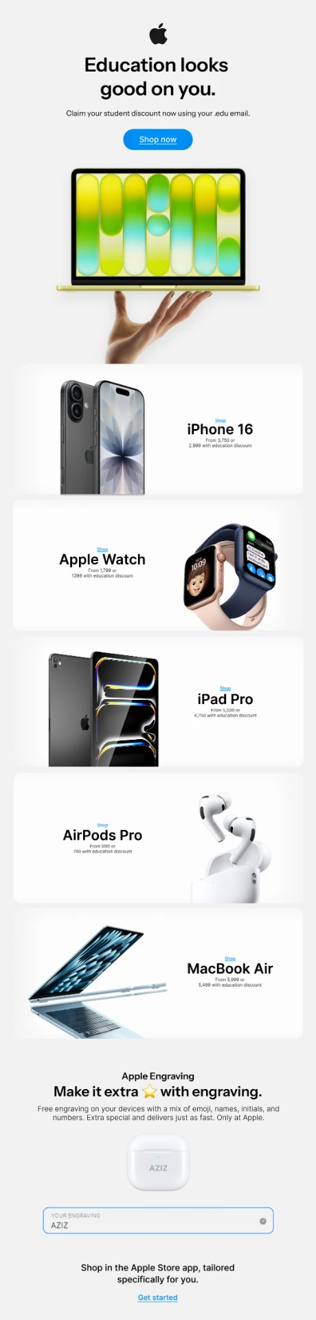 Email design concept for a student education offer